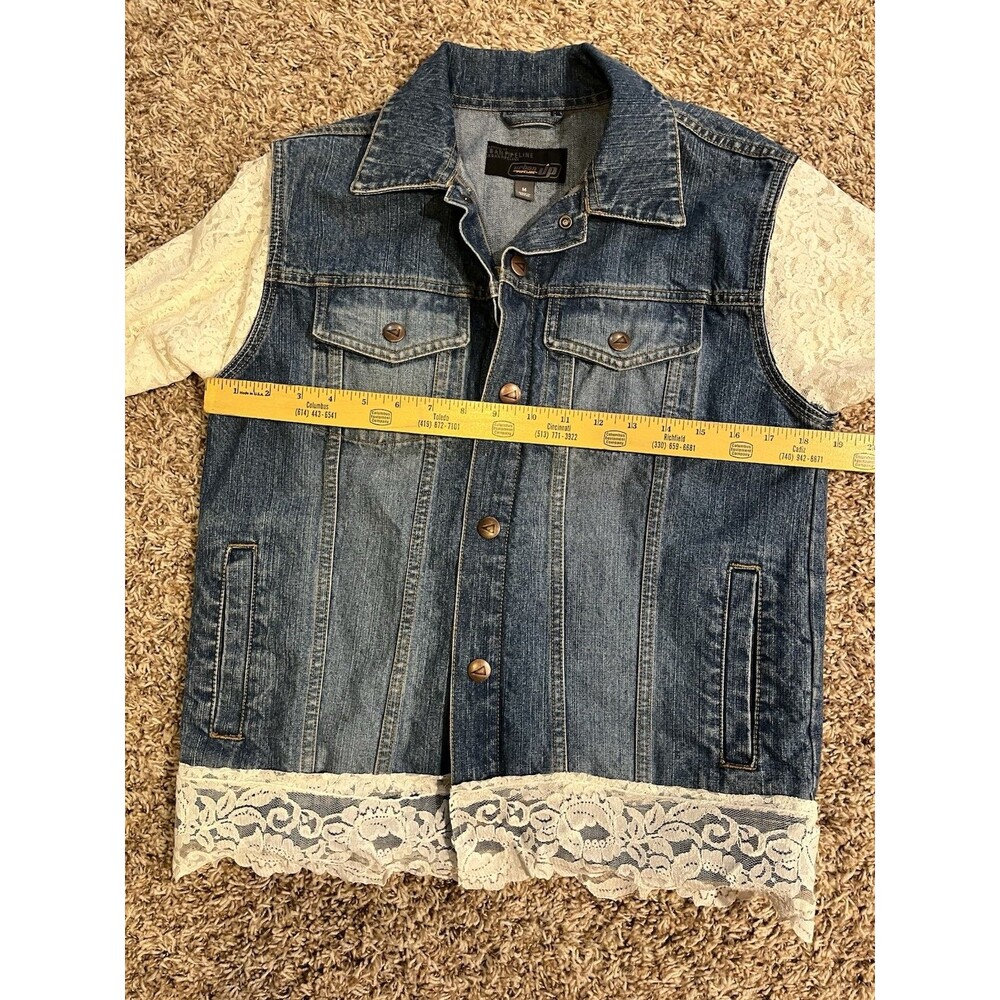 Upcycled Denim Jacket Lace Sleeves Handmade Boho Boutique Womens M - Picture 5 of 8